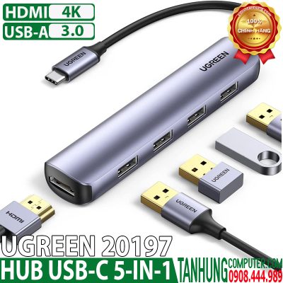 Bộ chuyển USB-C to HDMI kèm Hub 4 USB 3.0 Ugreen 20197 Chính Hãng Cao Cấp