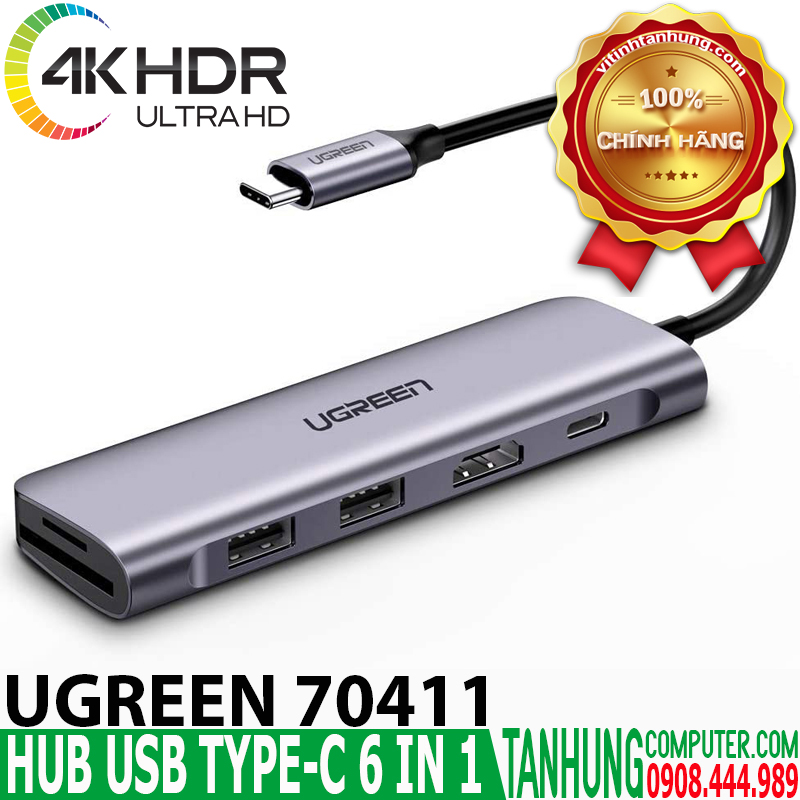 HUB USB-C to HDMI kèm Hub 2 USB 3.0 + SD/TF Cao Cấp Ugreen 70411 Sạc ngược USB - C HUB USB-C to HDMI kèm Hub 2 USB 3.0 + SD/TF Cao Cấp Ugreen 70411 Sạc ngược USB - C