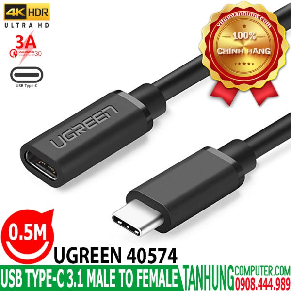 Cáp USB Type C 3.1 nối dài 0.5m Ugreen 40574-kết nối sạc,truyền dữ liệu,Video 4K