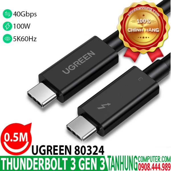 THUNDERBOLT 3 (USB Type-C Gen 3) 0.5M truyền dữ liệu 40Gbps, xuất hình ảnh 5K60Hz, sạc 100W Ugreen 80324 Cao Cấp