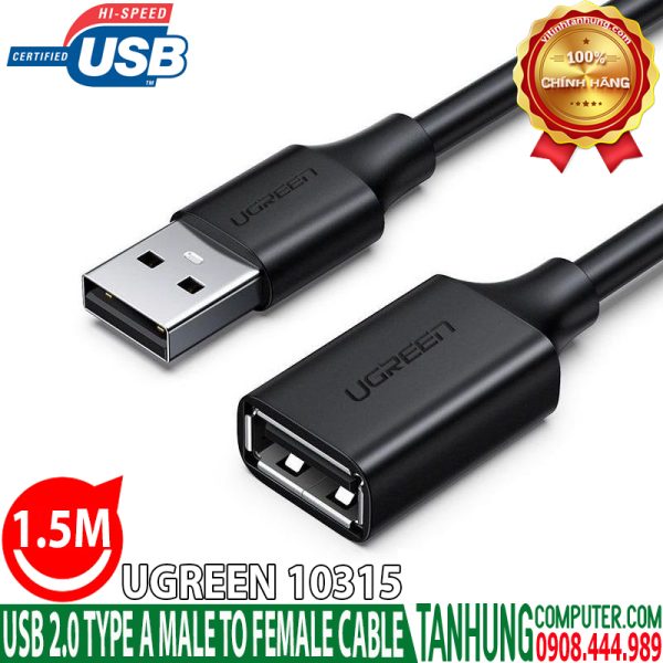 Cáp USB 2.0 nối dài 1M5 Ugreen 10315 cao cấp chính hãng