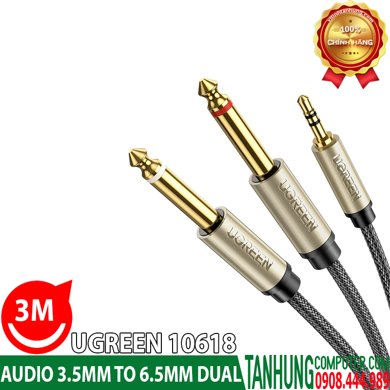 Dây audio 3.5mm ra 2 đầu 6.5mm dài 3M mạ vàng cao cấp Ugreen 10618