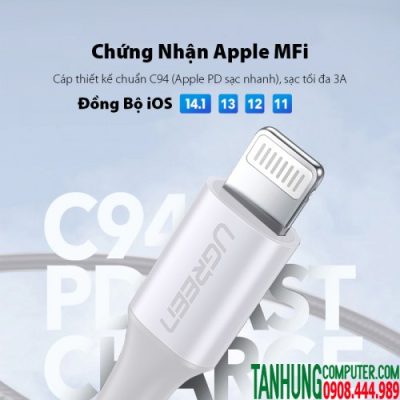 Cáp sạc USB Type C to Lightning 3A 36W Ugreen 70523 Dài 1m cao cấp (Vỏ Nhôm)