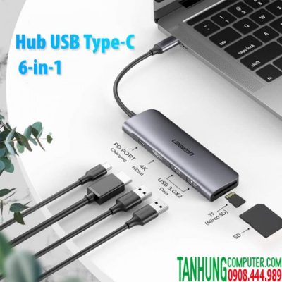HUB USB-C to HDMI kèm Hub 2 USB 3.0 + SD/TF Cao Cấp Ugreen 70411 Sạc ngược USB - C