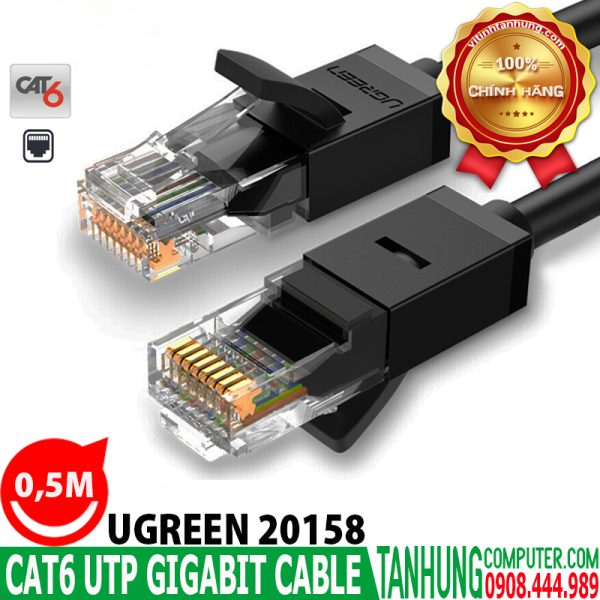 Dây nhảy, Pactch Cord Cat6 UTP Ugreen 20158 Chính Hãng 2 đầu đúc sẵn Cao Cấp dài 0,5m(Gigabit-Black)