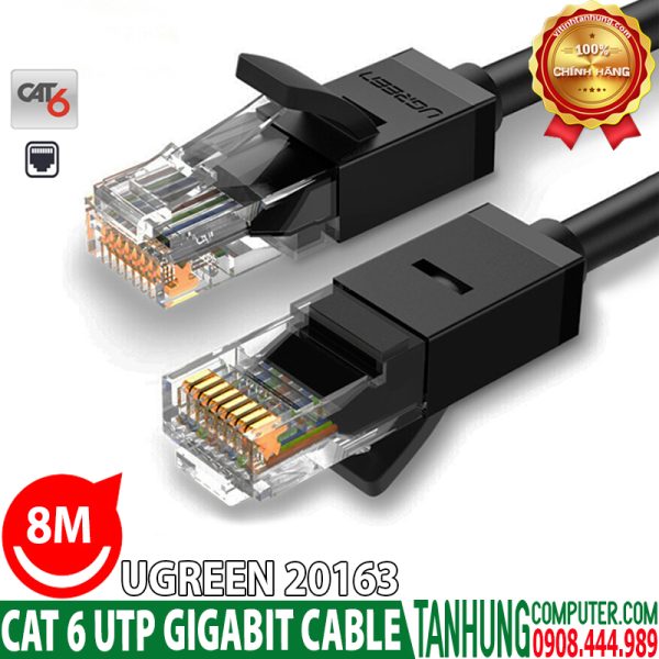 Cáp mạng đúc sẵn 2 đầu Cat6 UTP Chính Hãng Ugreen 20163 Cao Cấp dài 8m( Gigabit-Black)