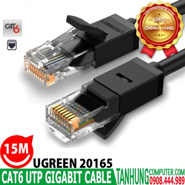 Cáp mạng đúc sẵn 2 đầu Cat6 UTP Chính Hãng Ugreen 20165 Cao Cấp dài 15m(Gigabit-Black)