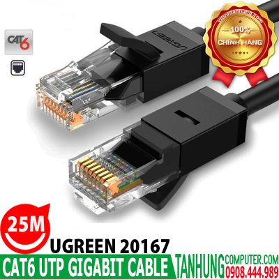 Cáp mạng đúc sẵn 2 đầu Cat6 UTP Chính Hãng Ugreen 20167 Cao Cấp dài 25m(Gigabit- Black)