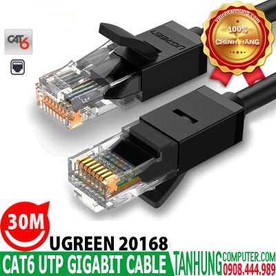 Dây mạng đúc sẵn 2 đầu Cat6 UTP Chính Hãng Ugreen 20168 Cao Cấp dài 30m(Gigabit-Black)