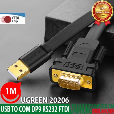 Cáp chuyển đổi USB to Com 1M Ugreen 20206 cao cấp chính hãng (Chipset FTDI FT232)