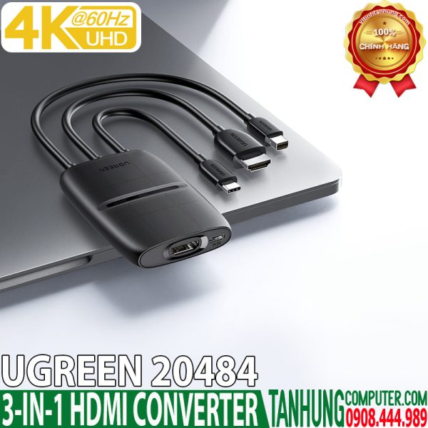 Bộ chuyển đổi HDMI 3 trong 1 4K@60Hz Ugreen 20484 USB Type-C, Mini DP, HDMI to HDMI Chính hãng cao cấp