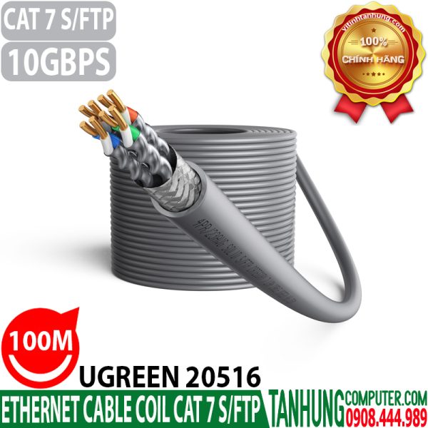 Cáp mạng Cat7 Chính Hãng Ugreen 20516 NW125 Cao Cấp S/FTP,23AWG,0.58+008mm-10Gbps 600Mhz-Gray(100met,thuần đồng)