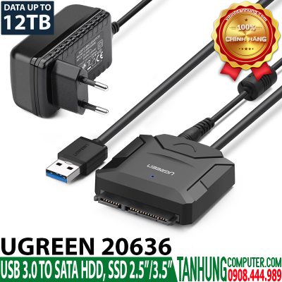 Cáp USB 3.0 to SATA HDD, SSD 3.5"/2.5" Ugreen 20636 hỗ trợ 12TB, kèm nguồn 12V/2A Chính hãng cao cấp