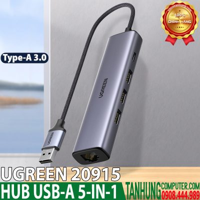 HUB USB 3.0 sang Lan 100/1000 + 3xUSB 3.0 Ugreen 20915 Chính hãng cao cấp (Có trợ nguồn USB-C)