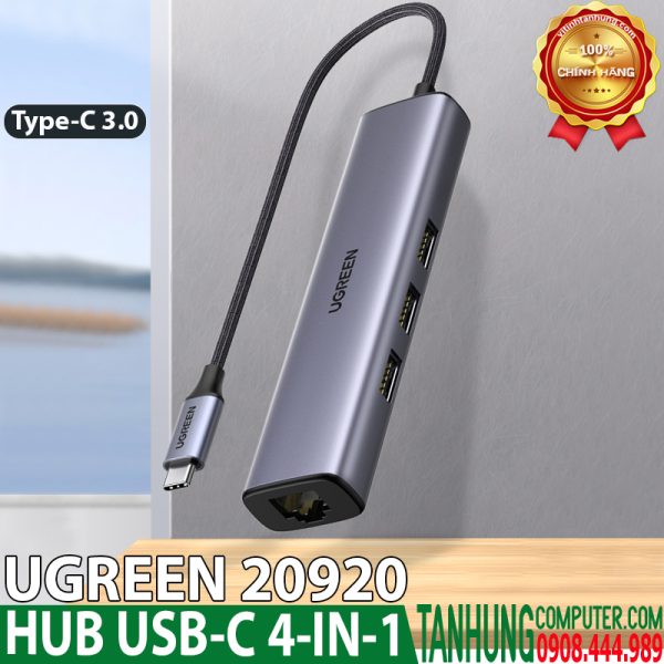 USB-C to LAN 100/1000Mbps Kèm HUB 3 Cổng USB 3.0 Ugreen 20920 Chính hãng cao cấp