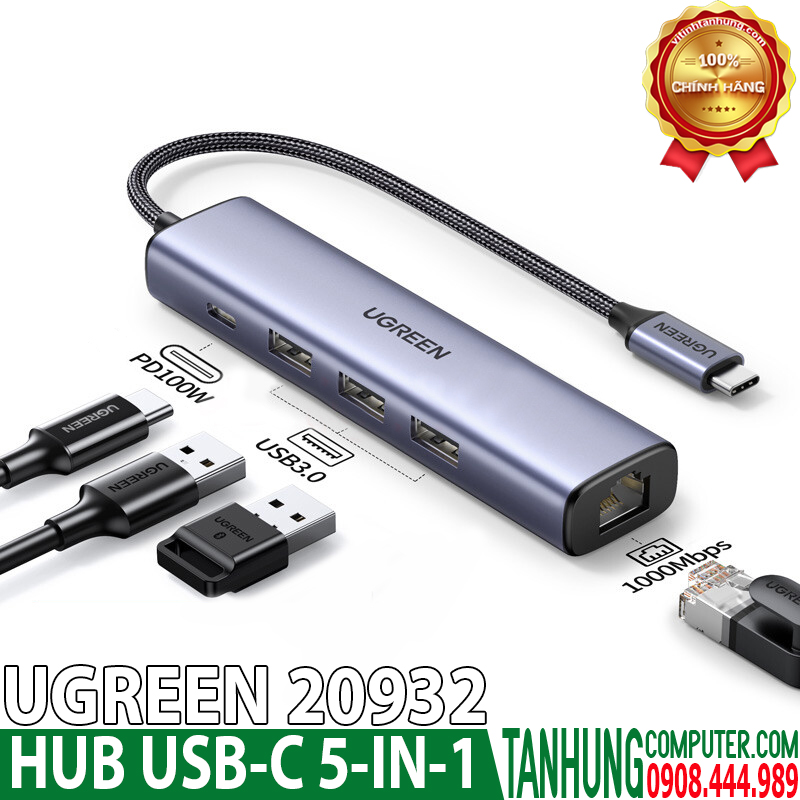 USB-C to LAN 100/1000Mbps Kèm HUB 3 Cổng USB 3.0 Ugreen 20932, có sạc ngược 100W Chính hãng cao cấp