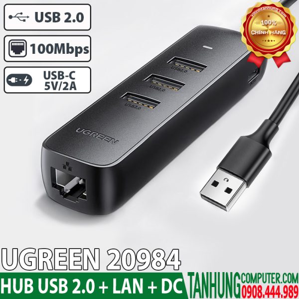 Hub USB 2.0 3 Cổng Ugreen 20984 Có Lan 100Mbps, Trợ nguồn Type-C 5V/2A (Dây dài 30m, Black) chính hãng cao cấp