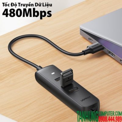 Hub USB 2.0 3 Cổng Ugreen 20984 Có Lan 100Mbps, Trợ nguồn Type-C 5V/2A (Dây dài 30m, Black) chính hãng cao cấp