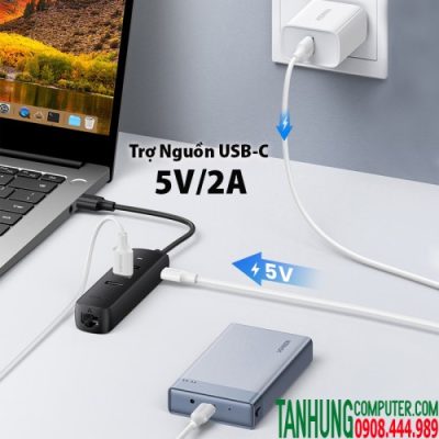 Hub USB 2.0 3 Cổng Ugreen 20984 Có Lan 100Mbps, Trợ nguồn Type-C 5V/2A (Dây dài 30m, Black) chính hãng cao cấp