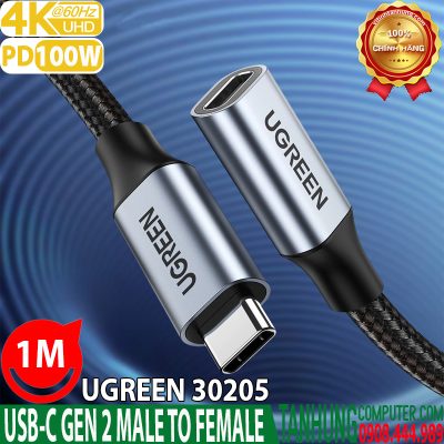 Cáp USB Type C 3.1 Gen 2 Ugreen 30205 nối dài 1m - Video 4K@60Hz, PD100W, Truyền data 10Gbps