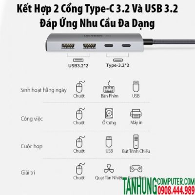 Hub USB-C 3.2 10Gbps Ugreen 30758, Hỗ trợ 2*USB 3.2 và USB-C 3.2 Chính hãng cao cấp