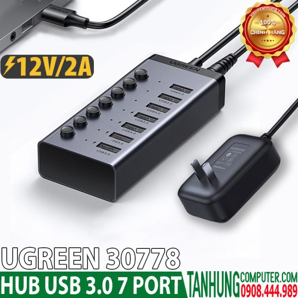 HUB USB 7 Cổng USB 3.0 Ugreen 30778 có nút công tắc, nguồn 12V/2A Chính Hãng