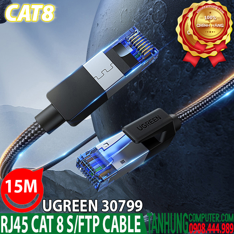 Cáp mạng Cat 8 Ugreen 30799 dài 15m đúc sẵn 2 đầu S/FTP 40Gbps bọc dù cao cấp chính hãng