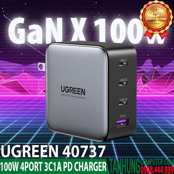 Củ sạc nhanh 100W Ugreen 40737,4 cổng, 3 USB-C và 1 USB Type-A Chính Hãng Cao Cấp