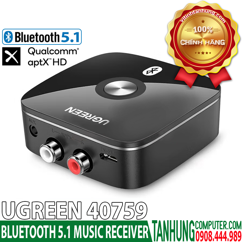 Thiết bị nhận Bluetooth 5.1 cho Loa, Amply Ugreen 40759, có Qualcomm® aptX™ HD (New)