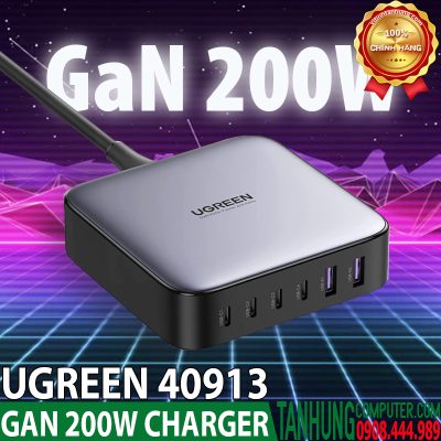 Củ sạc nhanh 200W Ugreen 40913,6 cổng, 4 USB-C và 2 USB Type-A Chính Hãng Cao Cấp