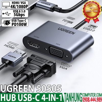 Cáp chuyển USB Type C To VGA+HDMI 4k Ugreen 50505 - Hỗ trợ sạc PD 100W+ USB 3.0( song song 2 màn hình) (NEW)
