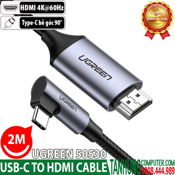 Cáp chuyển USB C to HDMI 4K@60Hz dài 2m Ugreen 50530, đầu USB-C bẻ góc 90 độ