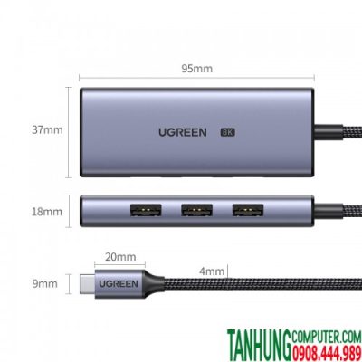 Hub USB-C to HDMI 2.1 8K + 3x USB 3.0 Ugreen 50629 cao cấp chính hãng (Vỏ Nhôm)