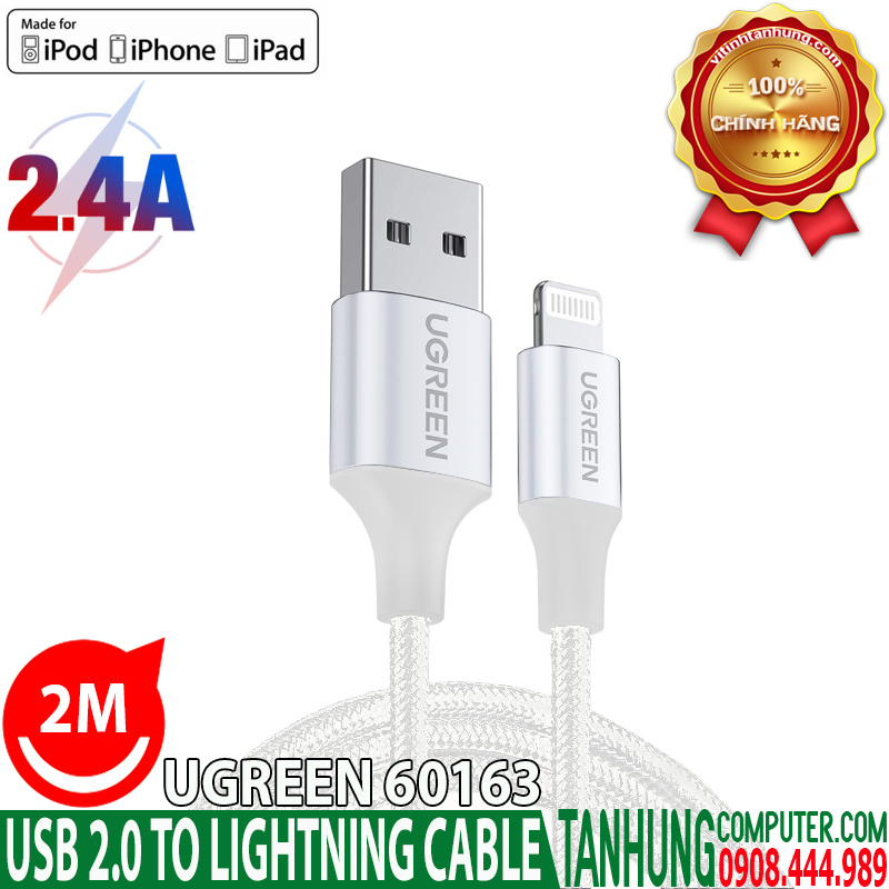 Cáp sạc USB Lightning chuẩn MFi Ugreen 60163 Dài 2M (Vỏ nhôm) Chính Hãng -  Vi Tính Tấn Hưng