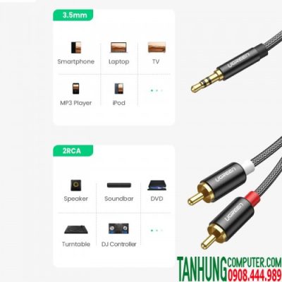 Cáp Audio 3,5mm ra 2 đầu RCA Ugreen 60242 dài 3m Bọc Nylon Chính Hãng Cao Cấp