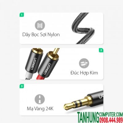 Cáp Audio 3,5mm ra 2 đầu RCA Ugreen 60242 dài 3m Bọc Nylon Chính Hãng Cao Cấp