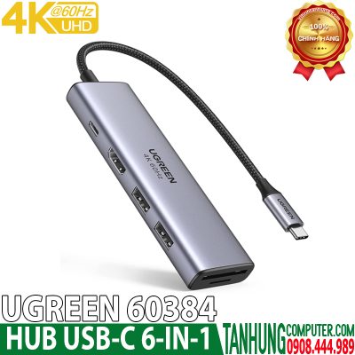 HUB USB-C to HDMI 4K@60Hz kèm Hub 2 USB 3.0 + SD/TF Cao Cấp Ugreen 60384 Sạc ngược USB - C 100W