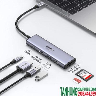 HUB USB-C to HDMI 4K@60Hz kèm Hub 2 USB 3.0 + SD/TF Cao Cấp Ugreen 60384 Sạc ngược USB - C 100W