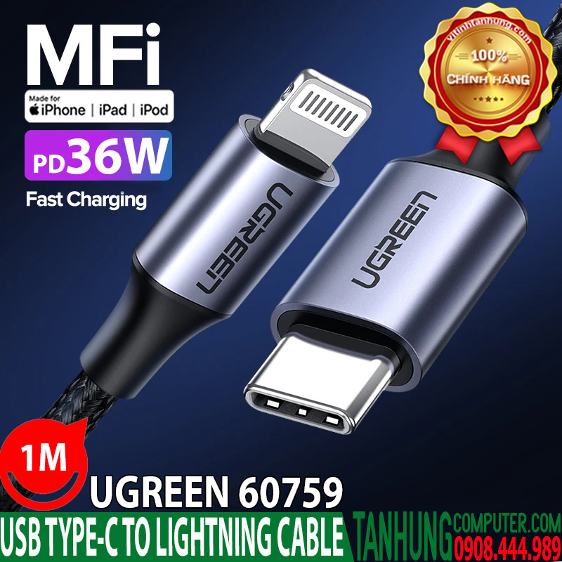 Cáp sạc USB Type C to Lightning 3A 36W Ugreen 60759 Dài 1m cao cấp (Vỏ Nhôm)