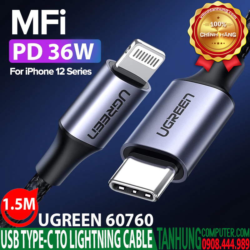 Cáp sạc USB Type C to Lightning 3A 36W Ugreen 60760 Dài 1.5m cao cấp (Vỏ Nhôm)