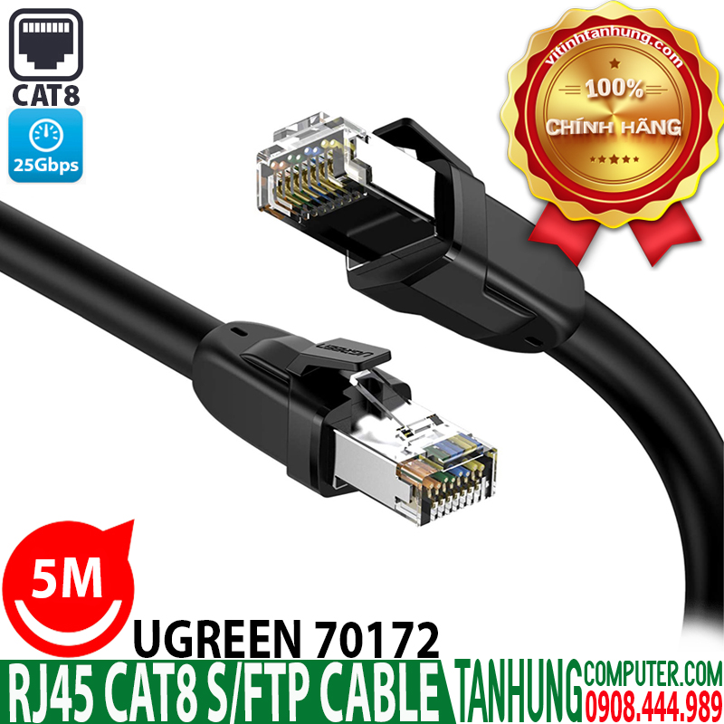 Cáp mạng Cat 8 Ugreen 70172 đúc sẵn 2 đầu S/FTP dài 5m cao cấp chính hãng