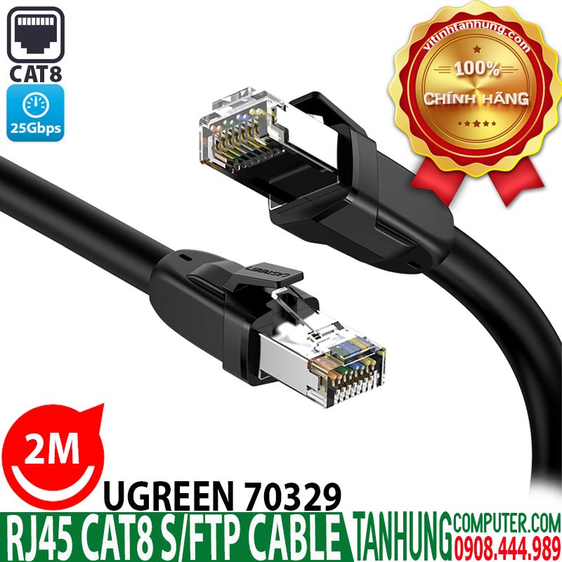 Cáp mạng Cat 8 Ugreen 70329 đúc sẵn 2 đầu S/FTP dài 2m cao cấp chính hãng