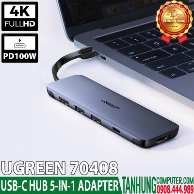 Bộ chuyển USB Type-C Ugreen 70408, HDMI 4Kx2K + 3xUSB 3.0 + PD 100W chính hãng cao cấp