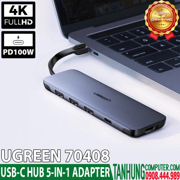 Bộ chuyển USB Type-C Ugreen 70408, HDMI 4Kx2K + 3xUSB 3.0 + PD 100W chính hãng cao cấp