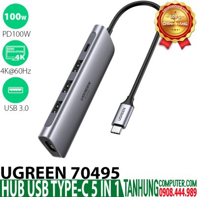 Bộ chuyển USB Type-C Ugreen 70495, HDMI 4K@60Hz + USB 3.0 + PD 100W chính hãng cao cấp