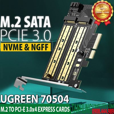 Card PCIe ổ cứng M.2 SATA NVMe/ NGFF Ugreen 70504 hỗ trợ M&B-Key, 2230/2242/2260/2280, tốc độ 32Gbps.