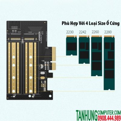 Card PCIe ổ cứng M.2 SATA NVMe/ NGFF Ugreen 70504 hỗ trợ M&B-Key, 2230/2242/2260/2280, tốc độ 32Gbps.