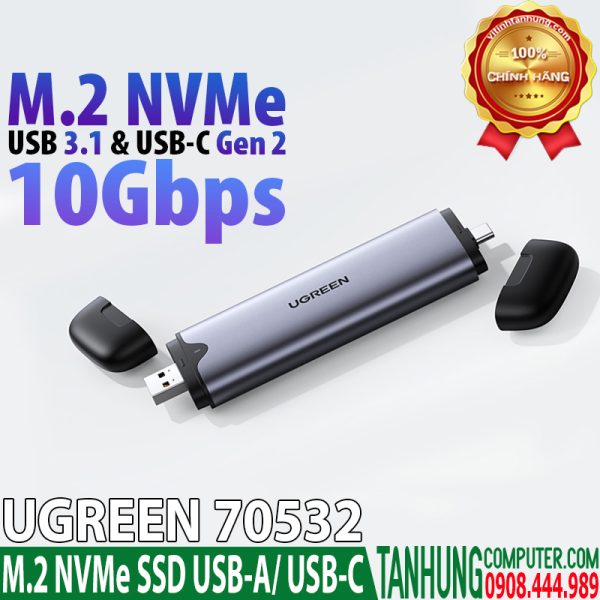 Thiết bị đựng ổ cứng M.2 SATA NVMe PCIe 3.0 Ugreen 70532 hỗ trợ M-Key 2242/ 2280, 10Gbps cổng USB A 3.1/ USB type C Gen 2