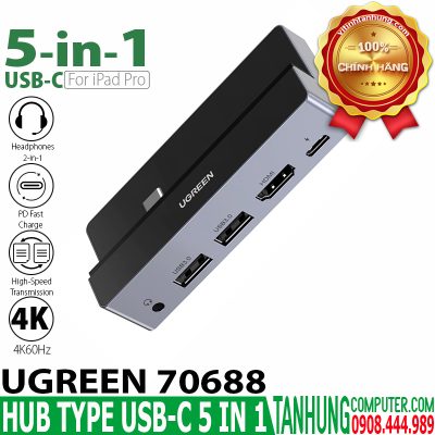 HUB USB-C 5 in 1 Ugreen 70688 USB C to HDMI 4K60Hz + USB 3.0 + Audio 3.5mm + PD Power Delivery 100W (Dành cho iPad Pro)