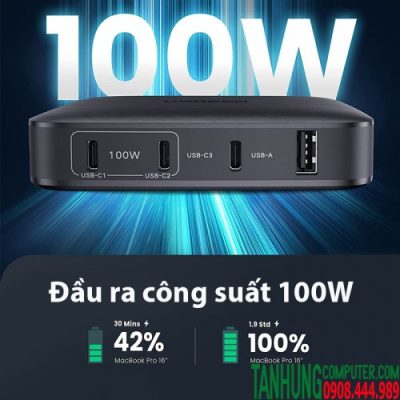 Củ sạc nhanh 100W Ugreen 70870,4 cổng, 3 USB-C và 1 USB Type-C  hỗ trợ QC4+, PD3.0 Chính Hãng Cao Cấp